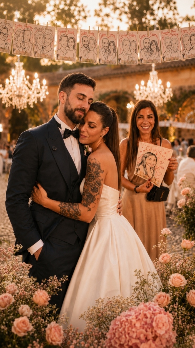 Sposi al tramonto con le caricature degli ospiti — matrimonio con Yatri Arte