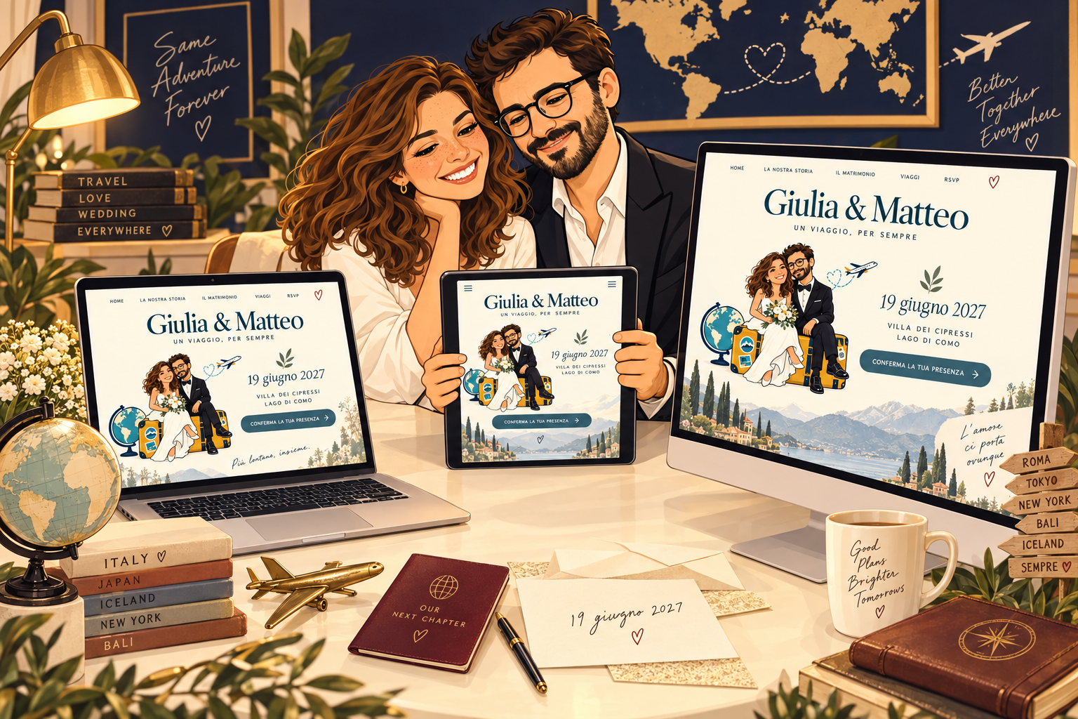Una coppia di sposi guarda il proprio sito personalizzato su tablet e computer