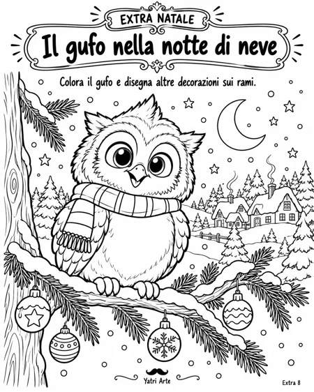 Illustrazione natalizia: il gufo nella notte di neve