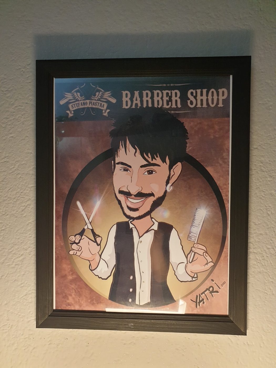 Caricatura a colori incorniciata di un barbiere