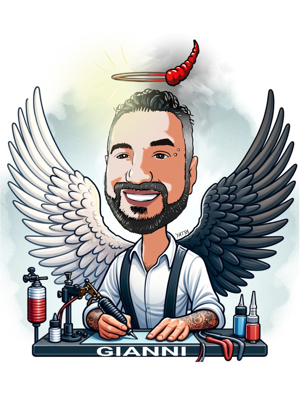 Caricatura da foto di un tatuatore con ali d'angelo