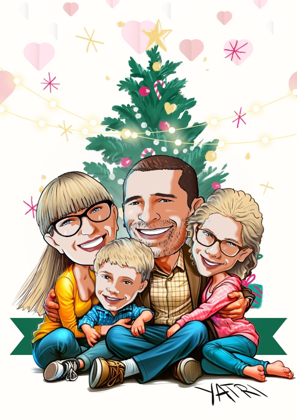 Caricatura di famiglia sotto l'albero di Natale
