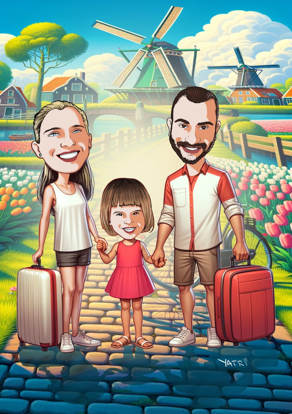 Caricatura di famiglia in viaggio tra i mulini a vento