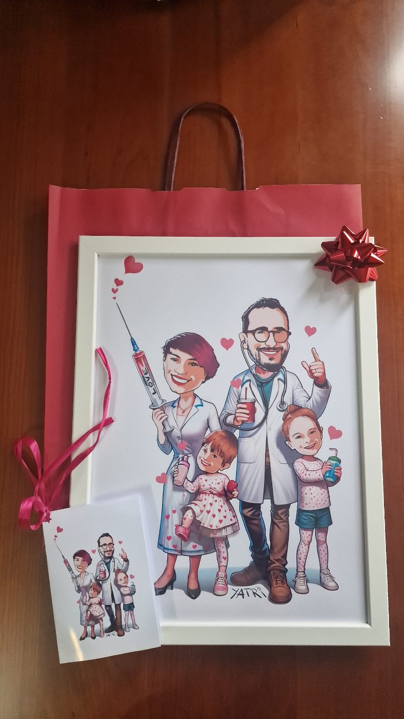 Caricatura di famiglia incorniciata con biglietto d'auguri