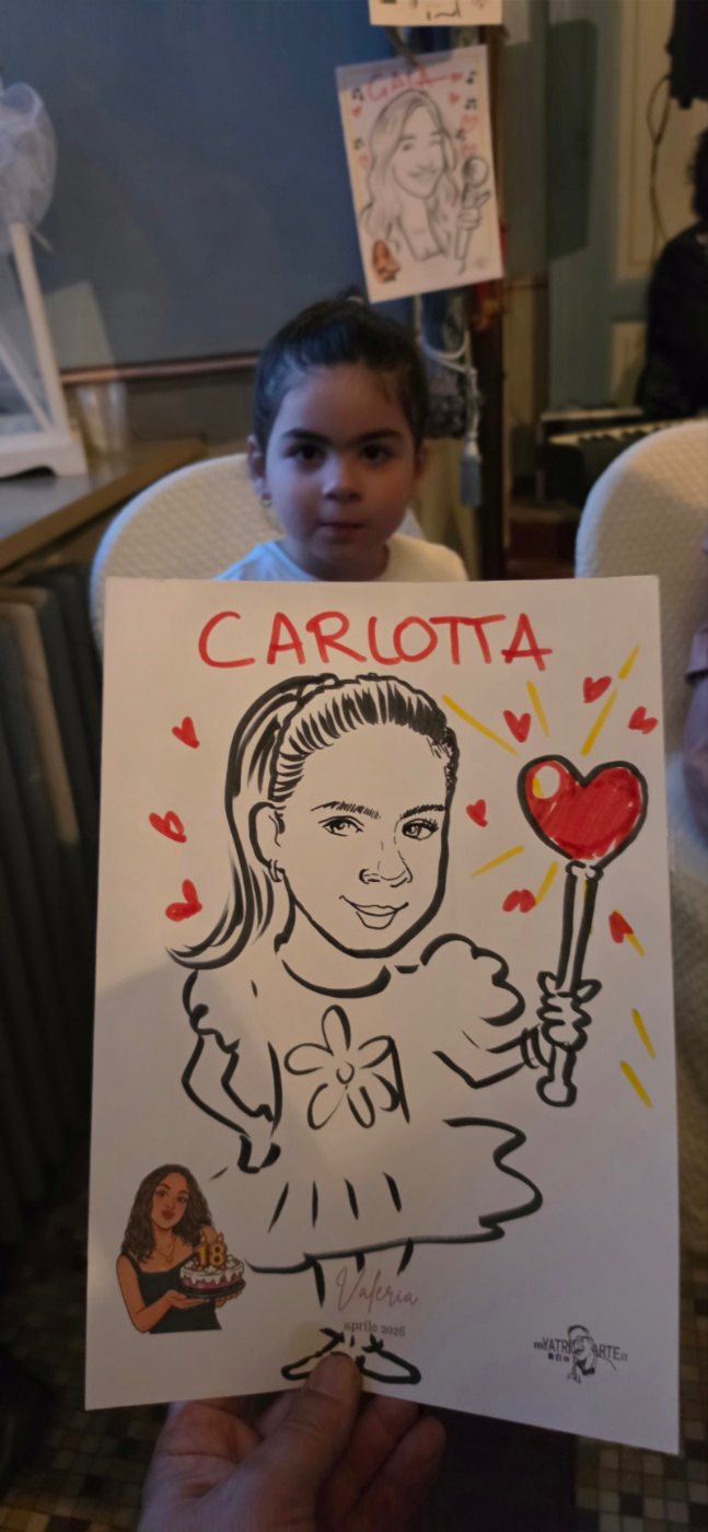 Ritratto a pennarello con il nome dell'ospite – ritrattista per compleanni a Torino