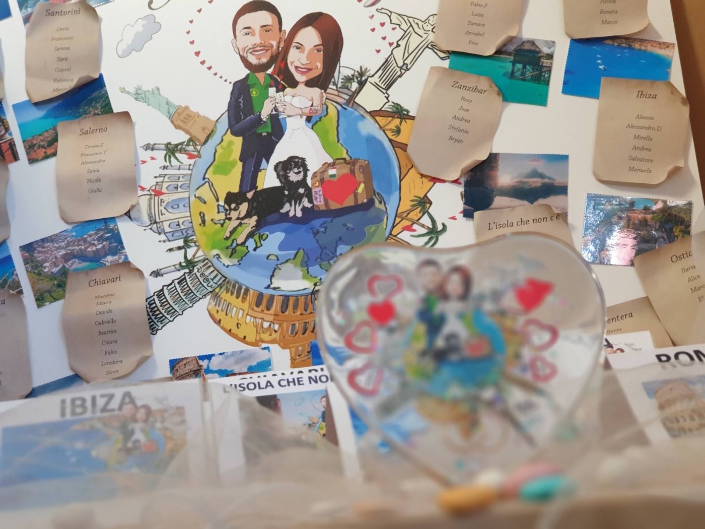 Caricatura degli sposi in viaggio al centro del tableau